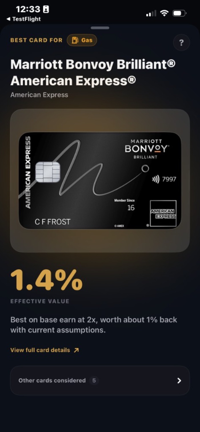 Madeen Pay tab showing the best card for the current spend category.